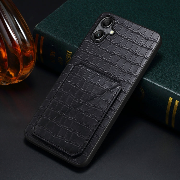 For Samsung Galaxy A13 5G Denior Imitation Crocodile Leather Back Phone Case with Holder(Black) by Denior