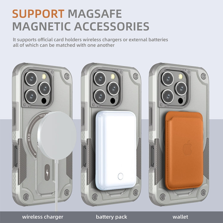 For iPhone 16 Pro Armor Magsafe Holder PC Hybrid TPU Phone Case(Grey) by buy2fix