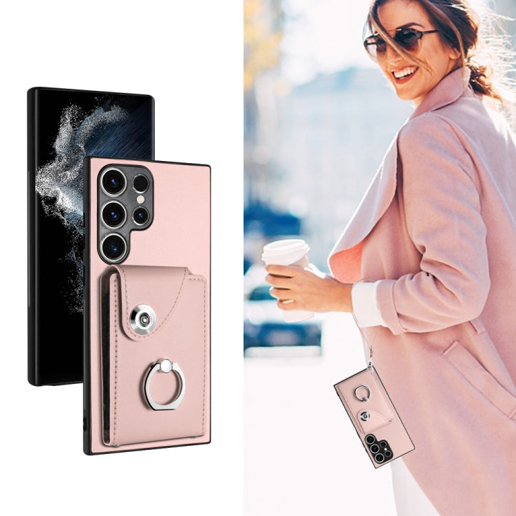 For Samsung Galaxy S23 Ultra 5G Organ Card Bag Ring Holder PU Phone Case with Lanyard(Pink) by buy2fix