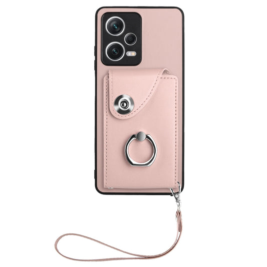 For Xiaomi Poco X5/Redmi Note 12 5G Global Organ Card Bag Ring Holder PU Phone Case with Lanyard(Pink) by buy2fix
