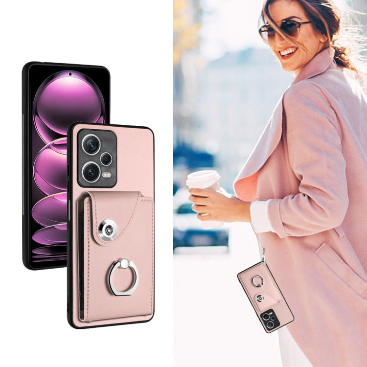 For Xiaomi Poco X5/Redmi Note 12 5G Global Organ Card Bag Ring Holder PU Phone Case with Lanyard(Pink) by buy2fix