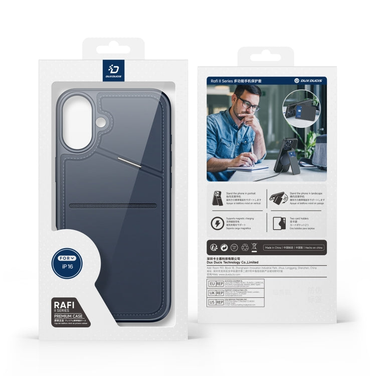 For iPhone 16 DUX DUCIS Rafi II Series MagSafe Magnetic Holder RFID Phone Case(Blue) by DUX DUCIS