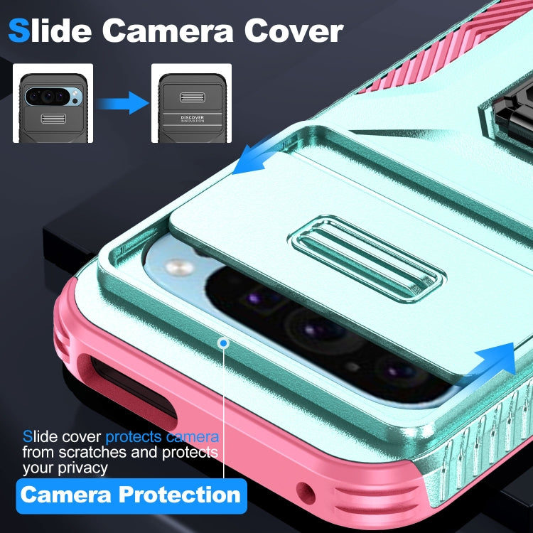 For Google Pixel 10 / 10 Pro / 9 / 9 Pro Sliding Camshield Holder Phone Case(Grey Green + Pink) by buy2fix