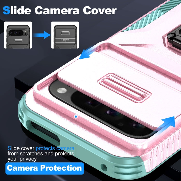 For Google Pixel 9 Pro XL Sliding Camshield Holder Phone Case(Pink + Grey Green) by buy2fix