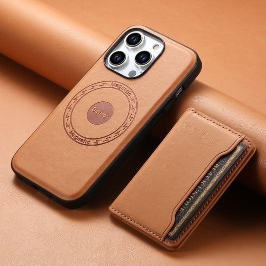 For iPhone 15 Plus Denior Cowhide Texture Leather MagSafe Detachable Wallet Phone Case(Khaki) by Denior