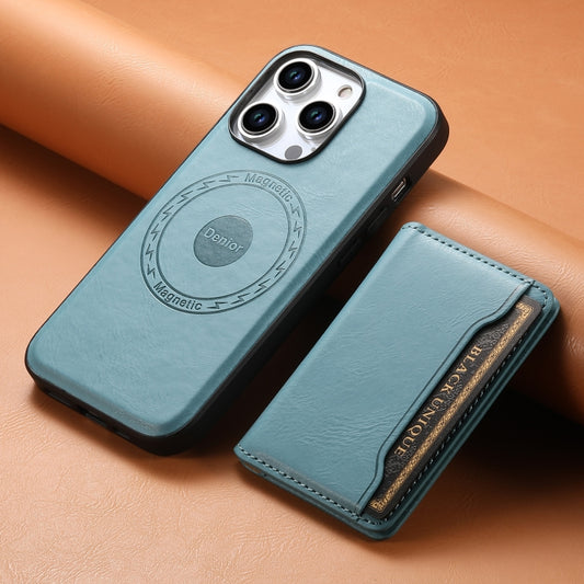For iPhone 15 Denior Cowhide Texture Leather MagSafe Detachable Wallet Phone Case(Blue) by Denior