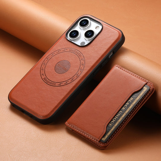 For iPhone 15 Denior Cowhide Texture Leather MagSafe Detachable Wallet Phone Case(Brown) by Denior