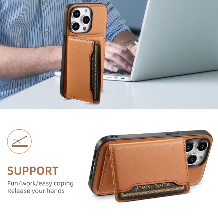 For iPhone 14 Denior Cowhide Texture Leather MagSafe Detachable Wallet Phone Case(Khaki) by Denior