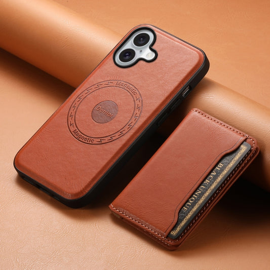 For iPhone 16 Denior Cowhide Texture Leather MagSafe Detachable Wallet Phone Case(Brown) by Denior