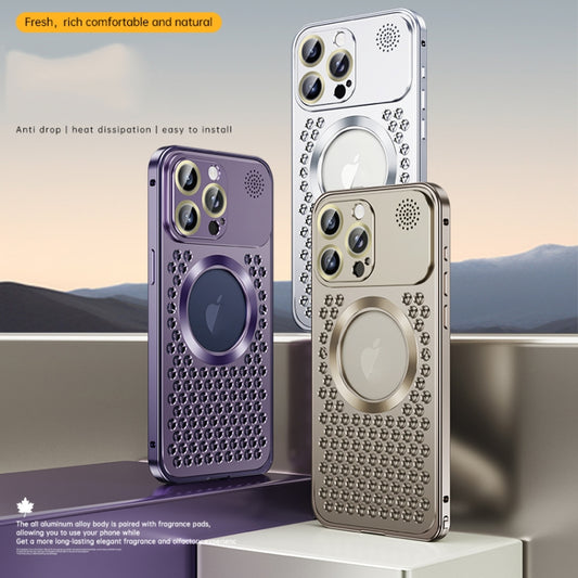 For iPhone 13 Spring Buckle MagSafe Magnetic Metal Aromatherapy Phone Case(Purple) by buy2fix