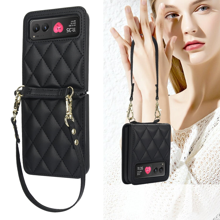 For Motorola Razr 40 Rhombic Texture Phone Case with Long & Short Lanyard(Black) by buy2fix