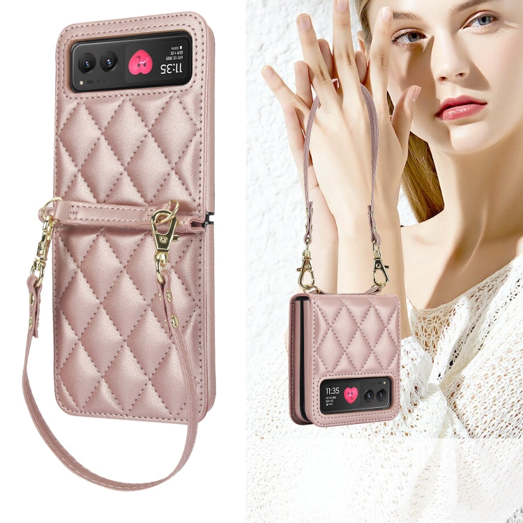 For Motorola Razr 40 Rhombic Texture Phone Case with Long & Short Lanyard(Rose Gold) by buy2fix