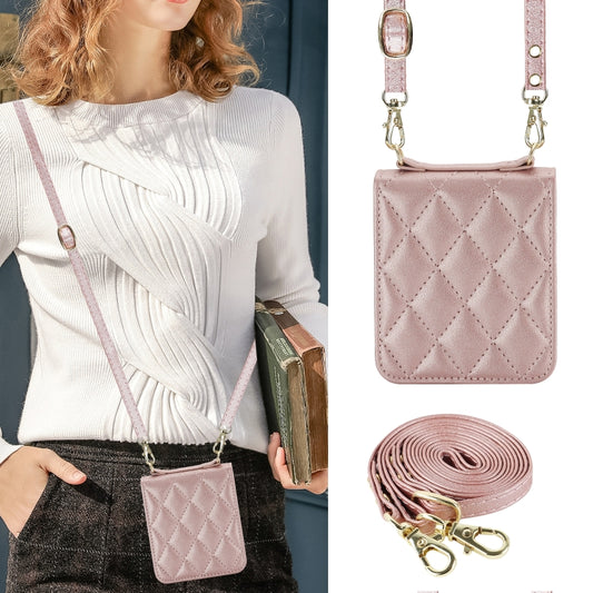 For Motorola Razr 40 Ultra Rhombic Texture Phone Case with Long & Short Lanyard(Rose Gold) by buy2fix