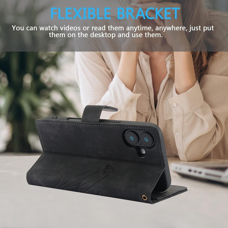 For iPhone 16 Orchid Butterfly Embossed Leather Phone Case(Black) by buy2fix