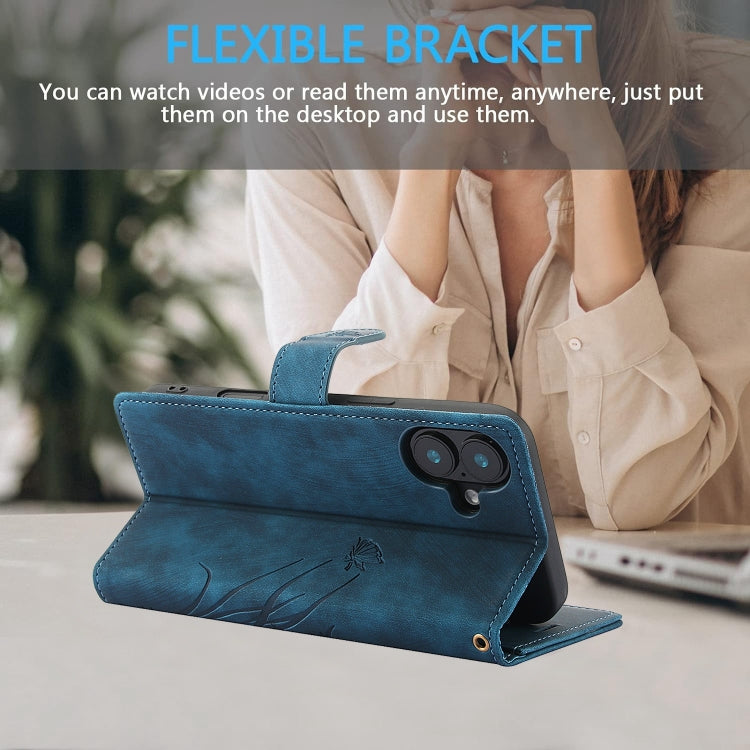 For iPhone 16 Plus Orchid Butterfly Embossed Leather Phone Case(Blue) by buy2fix