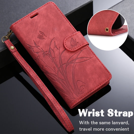 For iPhone 16 Plus Orchid Butterfly Embossed Leather Phone Case(Red) by buy2fix