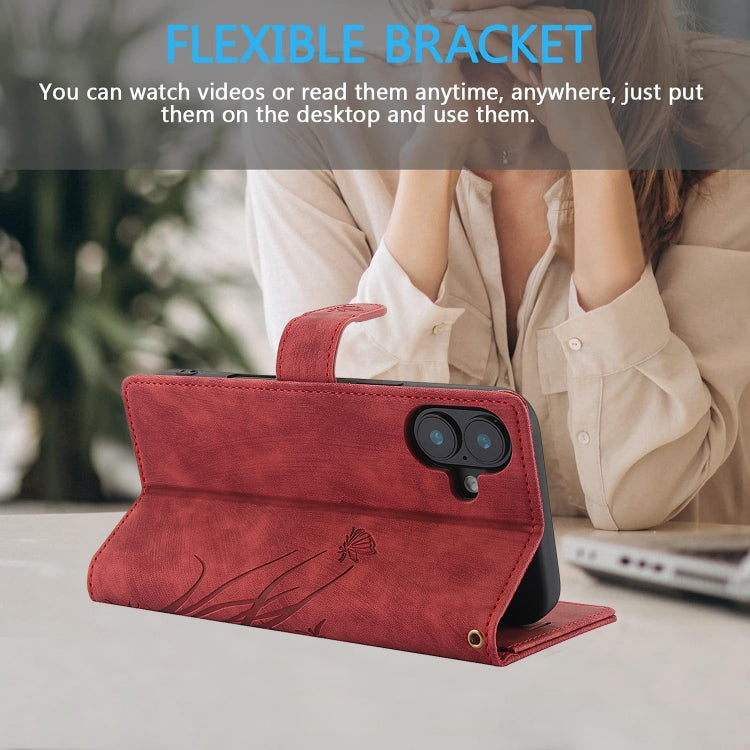 For iPhone 16 Plus Orchid Butterfly Embossed Leather Phone Case(Red) by buy2fix