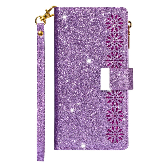 For iPhone X / XS Multi-card Slots Starry Sky Laser Carving Glitter Zipper Horizontal Flip Leather Case with Holder & Wallet & Lanyard(Purple) - More iPhone Cases by buy2fix | Online Shopping UK | buy2fix