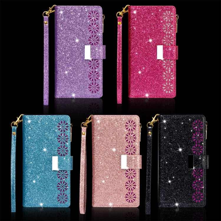 For iPhone 6 Plus / 6s Plus Multi-card Slots Starry Sky Laser Carving Glitter Zipper Horizontal Flip Leather Case with Holder & Wallet & Lanyard(Rose Red) - More iPhone Cases by buy2fix | Online Shopping UK | buy2fix