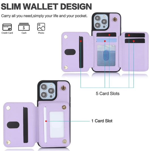 For iPhone 14 Plus YM006 Skin Feel Zipper Card Bag Phone Case with Dual Lanyard(Light Purple) - iPhone 14 Plus Cases by buy2fix | Online Shopping UK | buy2fix
