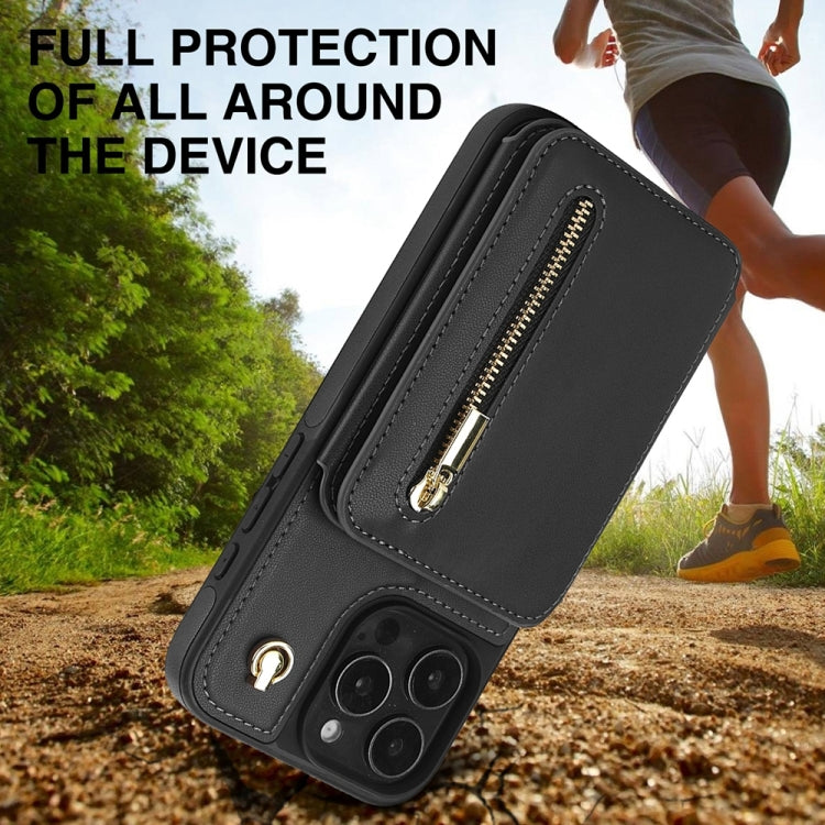 For iPhone 16 Pro Max YM006 Skin Feel Zipper Card Bag Phone Case with Dual Lanyard(Black) by buy2fix