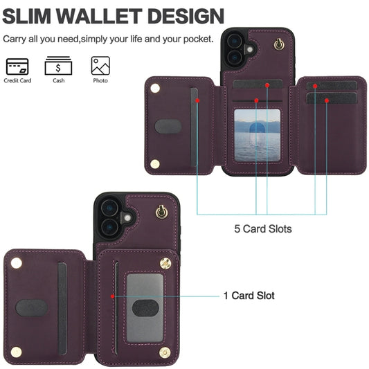 For iPhone 16 Plus YM006 Skin Feel Zipper Card Bag Phone Case with Dual Lanyard(Dark Purple) by buy2fix