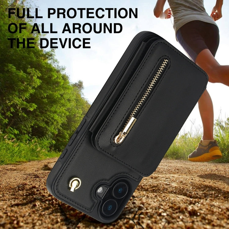 For iPhone 16 YM006 Skin Feel Zipper Card Bag Phone Case with Dual Lanyard(Black) by buy2fix