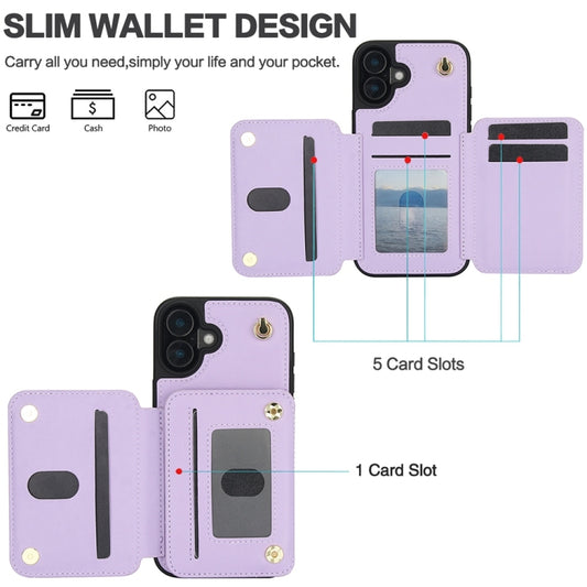 For iPhone 16 YM006 Skin Feel Zipper Card Bag Phone Case with Dual Lanyard(Light Purple) by buy2fix