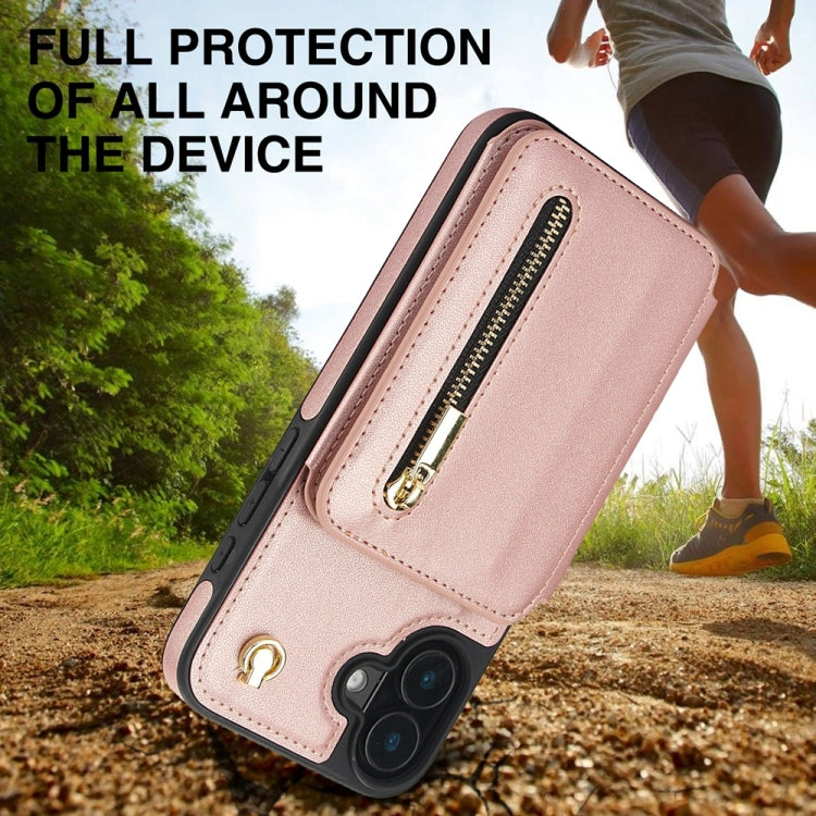 For iPhone 16 YM006 Skin Feel Zipper Card Bag Phone Case with Dual Lanyard(Rose Gold) by buy2fix