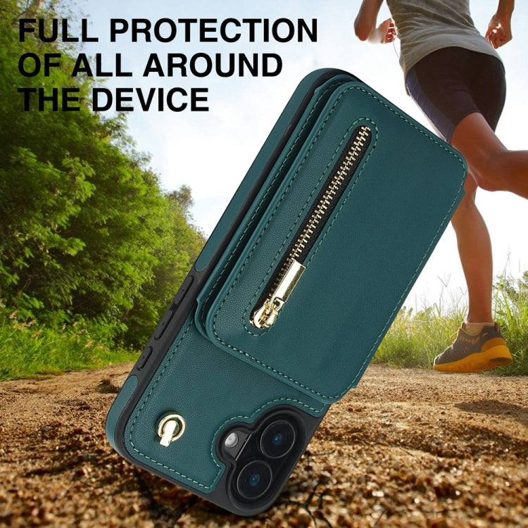 For iPhone 16 YM006 Skin Feel Zipper Card Bag Phone Case with Dual Lanyard(Green) by buy2fix