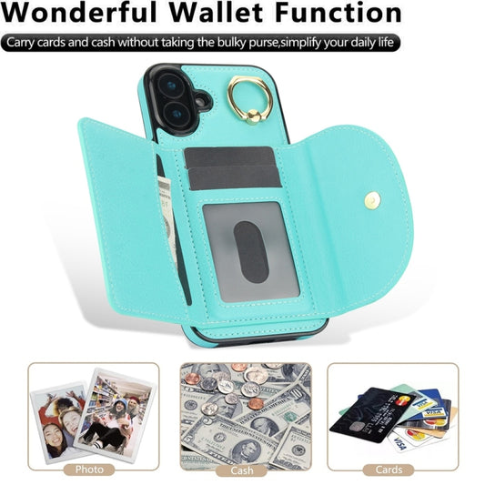 For iPhone 16 Plus Ring Holder Card Bag Skin Feel Phone Case(Green) by buy2fix