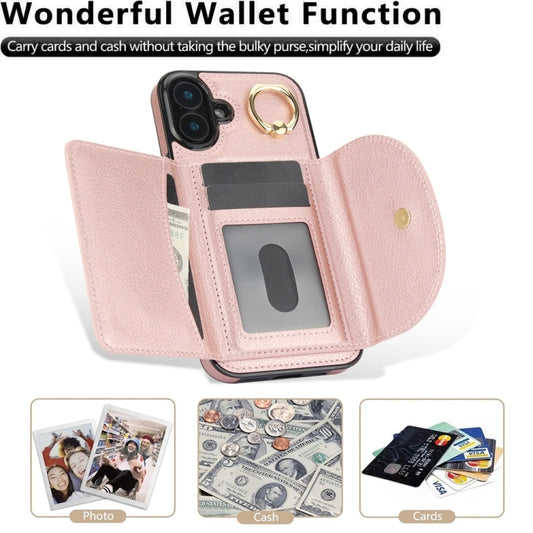 For iPhone 16 Ring Holder Card Bag Skin Feel Phone Case(Rose Gold) by buy2fix