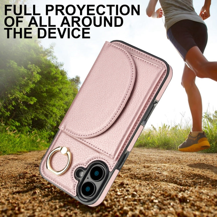 For iPhone 16 Ring Holder Card Bag Skin Feel Phone Case(Rose Gold) by buy2fix