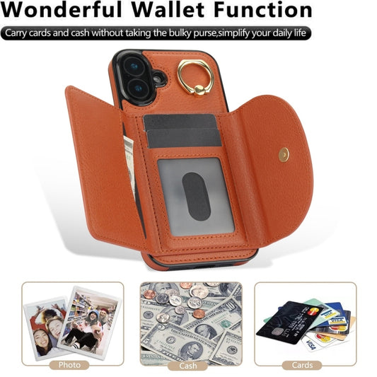For iPhone 16 Ring Holder Card Bag Skin Feel Phone Case(Brown) by buy2fix