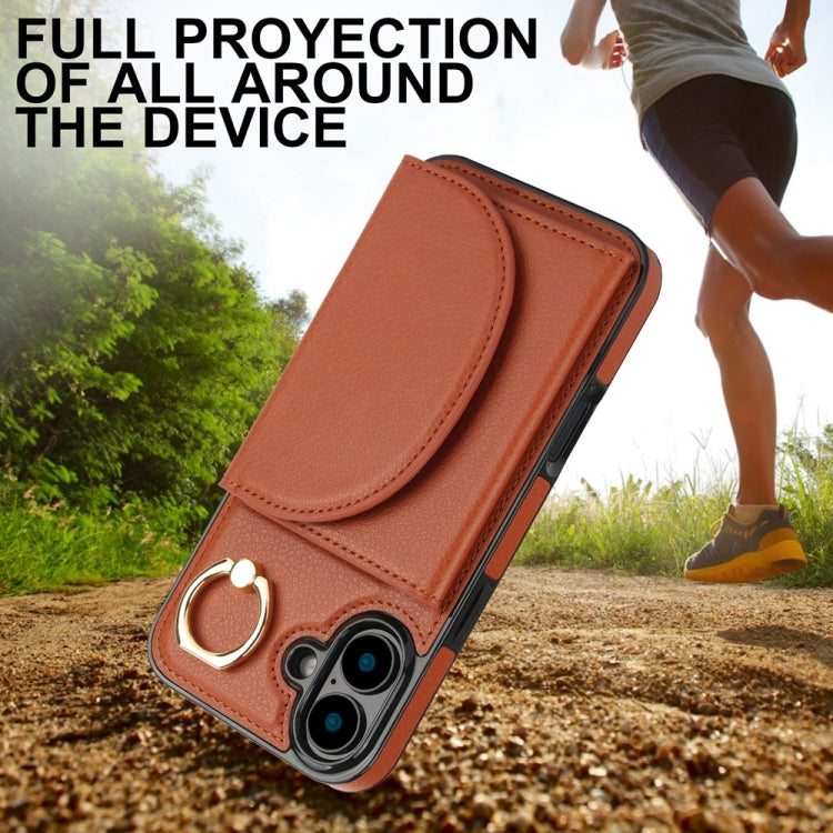 For iPhone 16 Ring Holder Card Bag Skin Feel Phone Case(Brown) by buy2fix