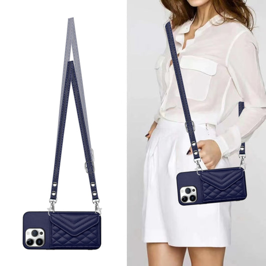 For iPhone 16 Pro Max Rhombic Texture Card Bag RFID Phone Case with Long Lanyard(Blue) by buy2fix