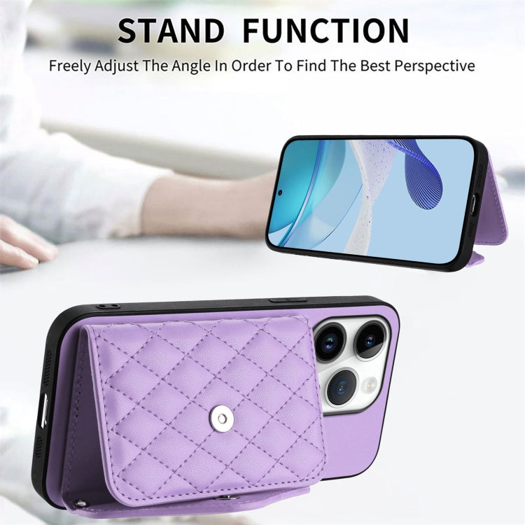 For iPhone 16 Pro Rhombic Texture Card Bag RFID Phone Case with Long Lanyard(Light Purple) by buy2fix