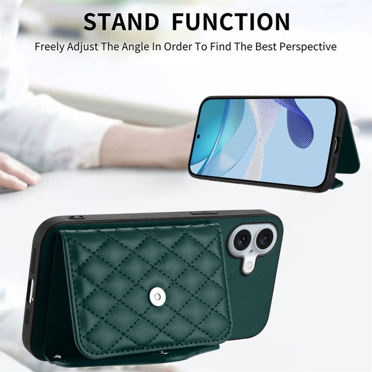 For iPhone 16 Plus Rhombic Texture Card Bag RFID Phone Case with Long Lanyard(Green) by buy2fix