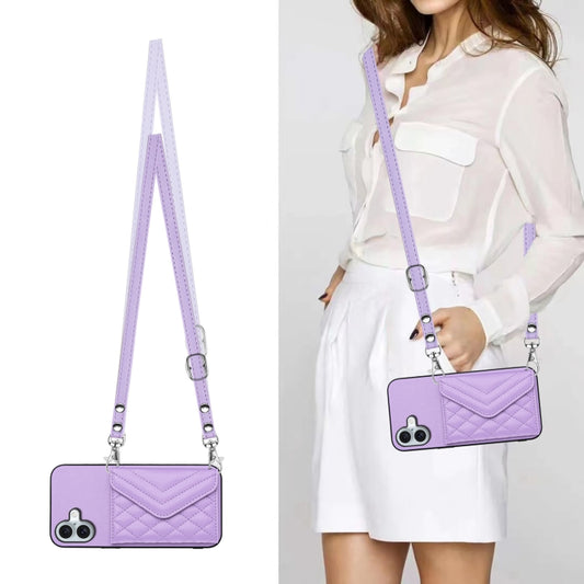 For iPhone 16 Plus Rhombic Texture Card Bag RFID Phone Case with Long Lanyard(Light Purple) by buy2fix