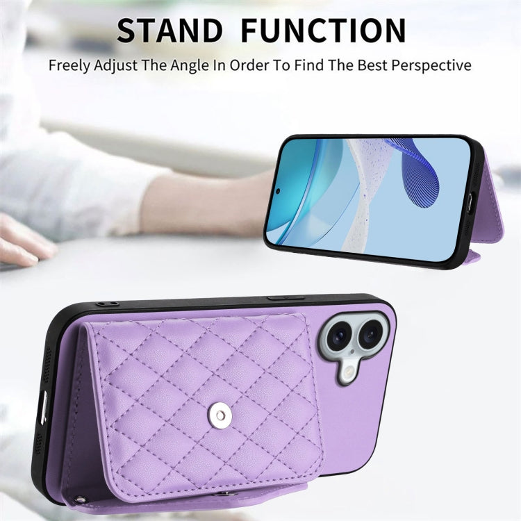 For iPhone 16 Plus Rhombic Texture Card Bag RFID Phone Case with Long Lanyard(Light Purple) by buy2fix