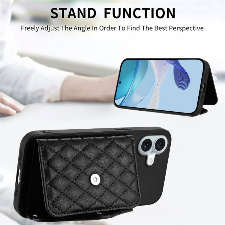 For iPhone 16 Plus Rhombic Texture Card Bag RFID Phone Case with Long Lanyard(Black) by buy2fix