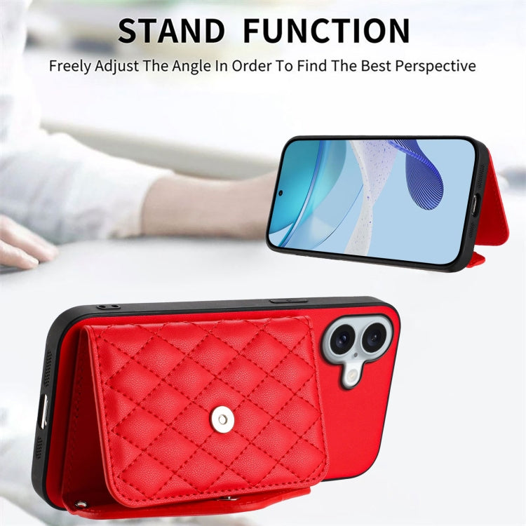 For iPhone 16 Plus Rhombic Texture Card Bag RFID Phone Case with Long Lanyard(Red) by buy2fix