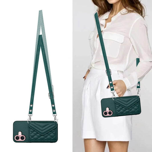 For iPhone 16 Rhombic Texture Card Bag RFID Phone Case with Long Lanyard(Green) by buy2fix