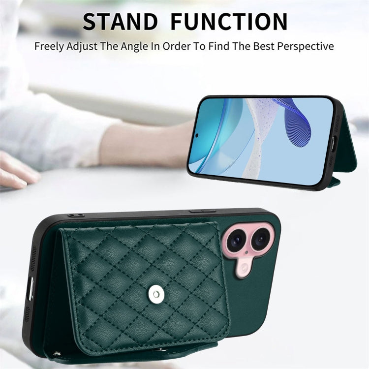 For iPhone 16 Rhombic Texture Card Bag RFID Phone Case with Long Lanyard(Green) by buy2fix