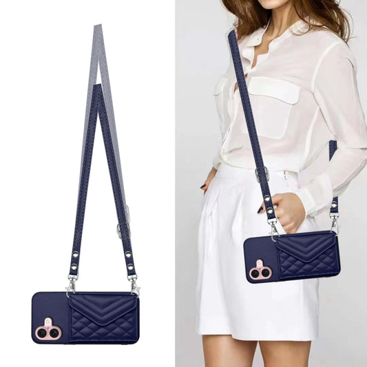 For iPhone 16 Rhombic Texture Card Bag RFID Phone Case with Long Lanyard(Blue) by buy2fix