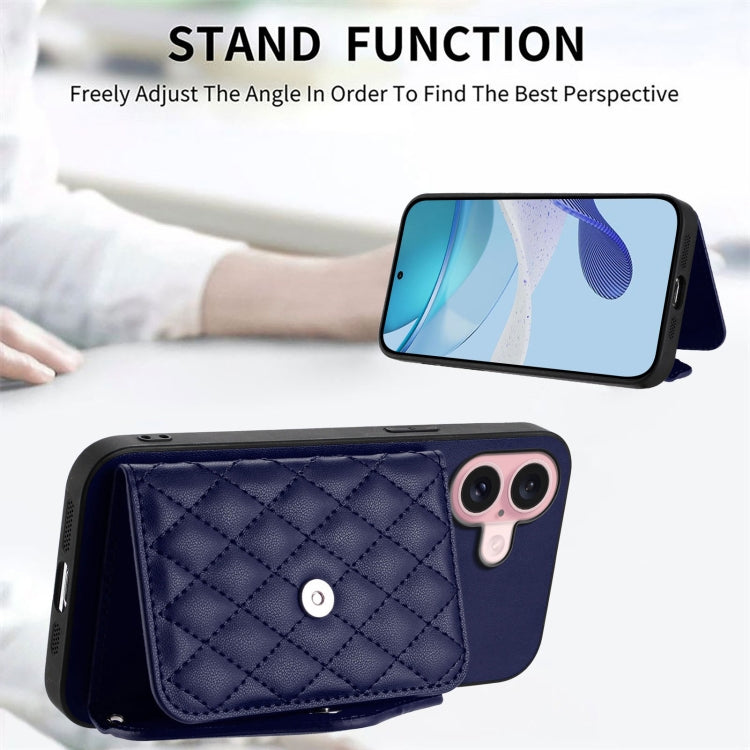 For iPhone 16 Rhombic Texture Card Bag RFID Phone Case with Long Lanyard(Blue) by buy2fix