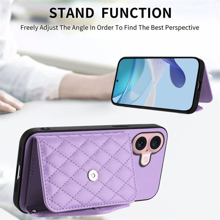 For iPhone 16 Rhombic Texture Card Bag RFID Phone Case with Long Lanyard(Light Purple) by buy2fix