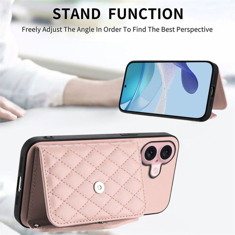 For iPhone 16 Rhombic Texture Card Bag RFID Phone Case with Long Lanyard(Rose Gold) by buy2fix