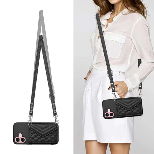 For iPhone 16 Rhombic Texture Card Bag RFID Phone Case with Long Lanyard(Black) by buy2fix