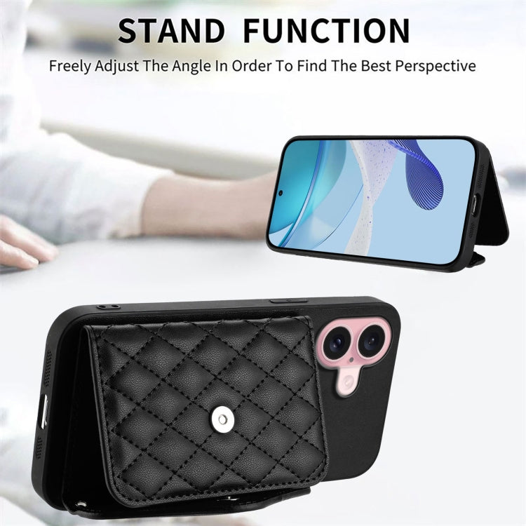 For iPhone 16 Rhombic Texture Card Bag RFID Phone Case with Long Lanyard(Black) by buy2fix